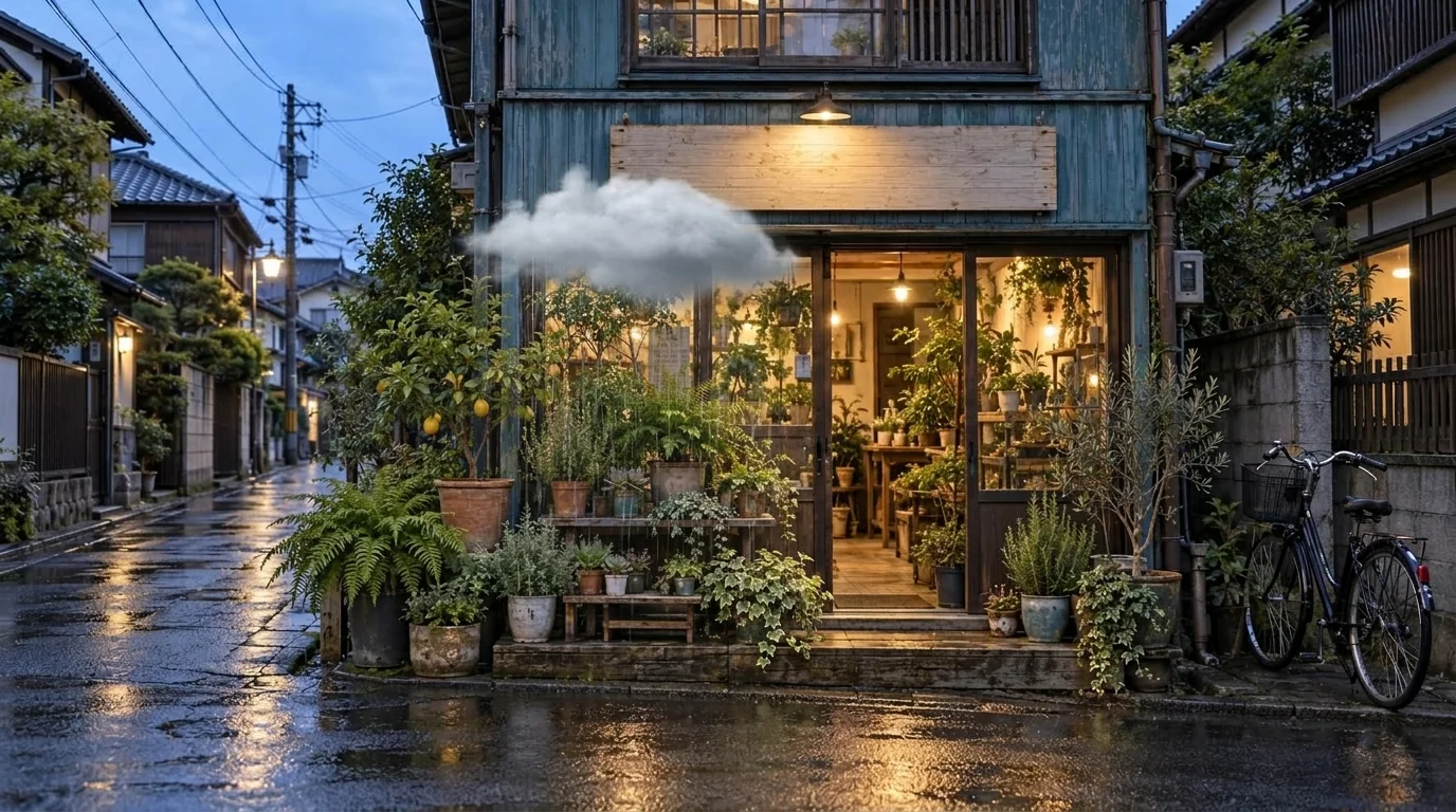 A rain cloud over a Yanaka plant shop